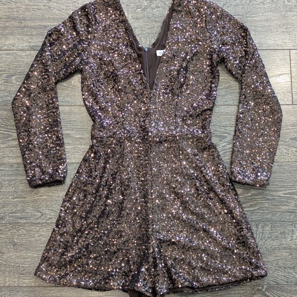 DRESS THE POPULATION Bianca Brown Sequin Romper Embellished Shorts Glam Medium - Picture 1 of 16